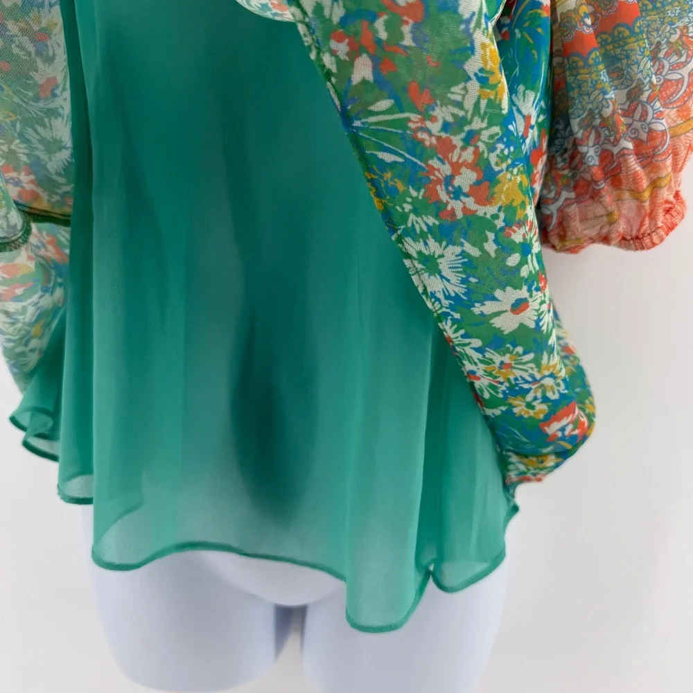 Current Air Los Angeles Floral Peasant Blouse Women Green Boho Puff Sleeve XS